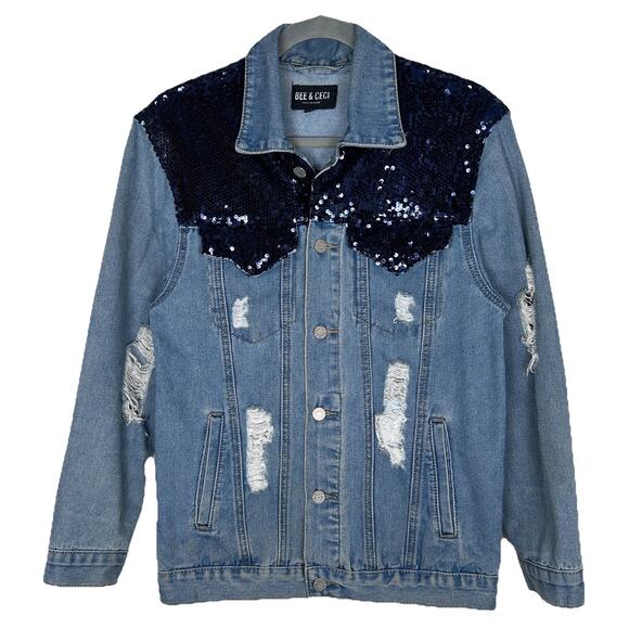 Bee & Ceci Jackets & Blazers - Bee & Ceci Size M Oversized Distressed Sequin Embroidered Jean Jacket